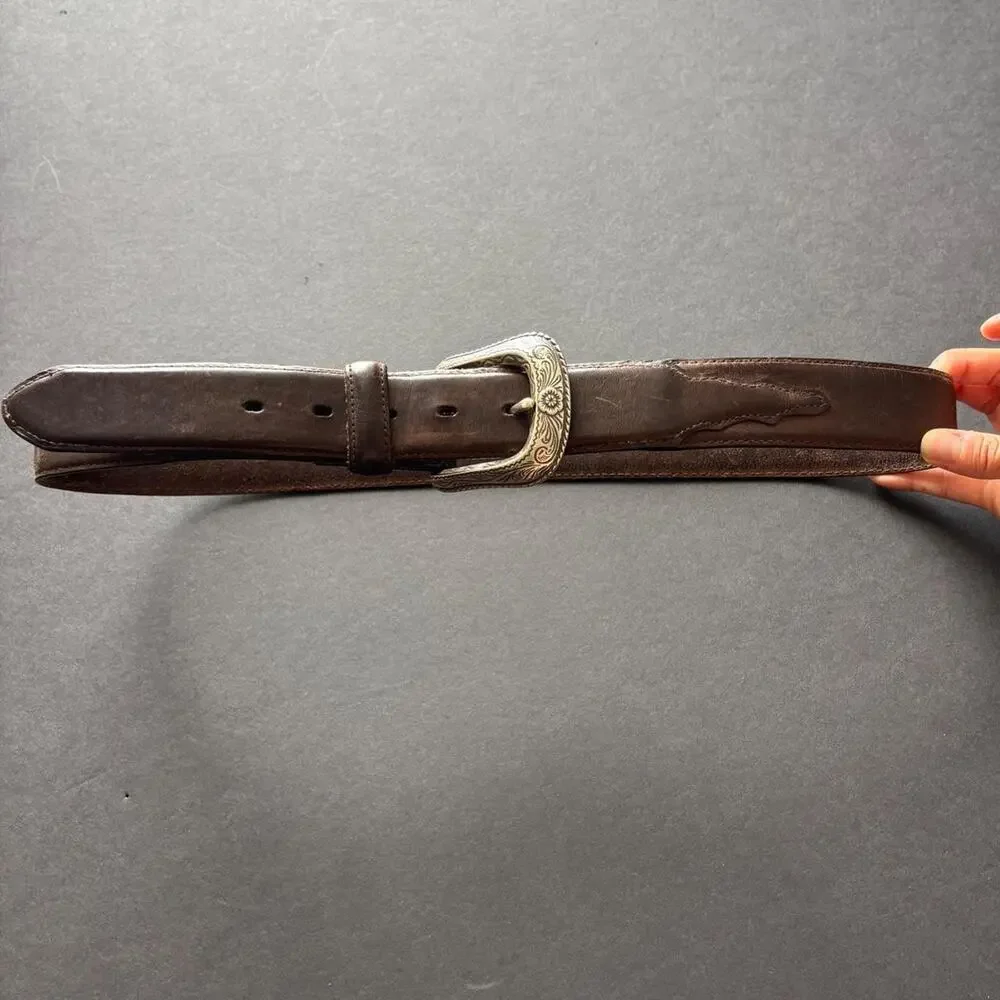 Brown genuine leather belt with silver buckle - size 38 Mens sizing